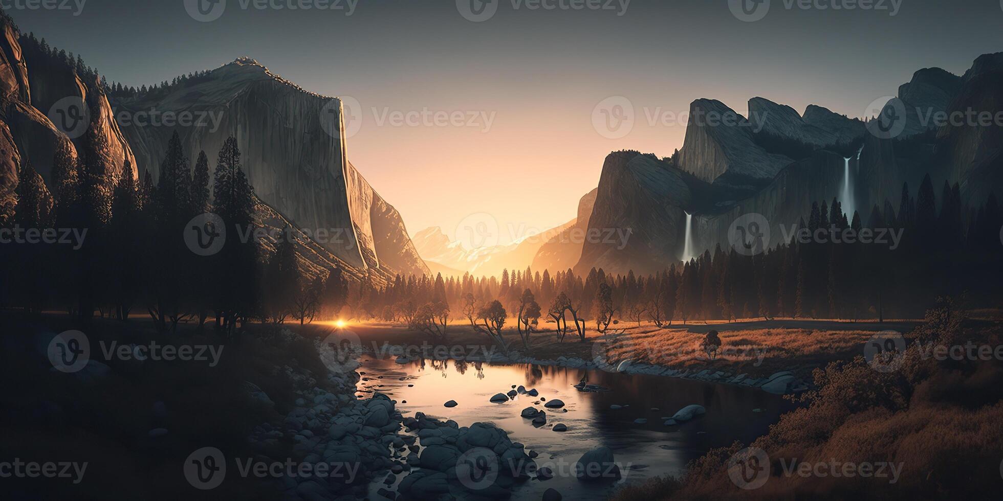 . . Photo realistic illustration of usa american Yosemite national park in the evening morning. Adventure explore vibe. Graphic Art
