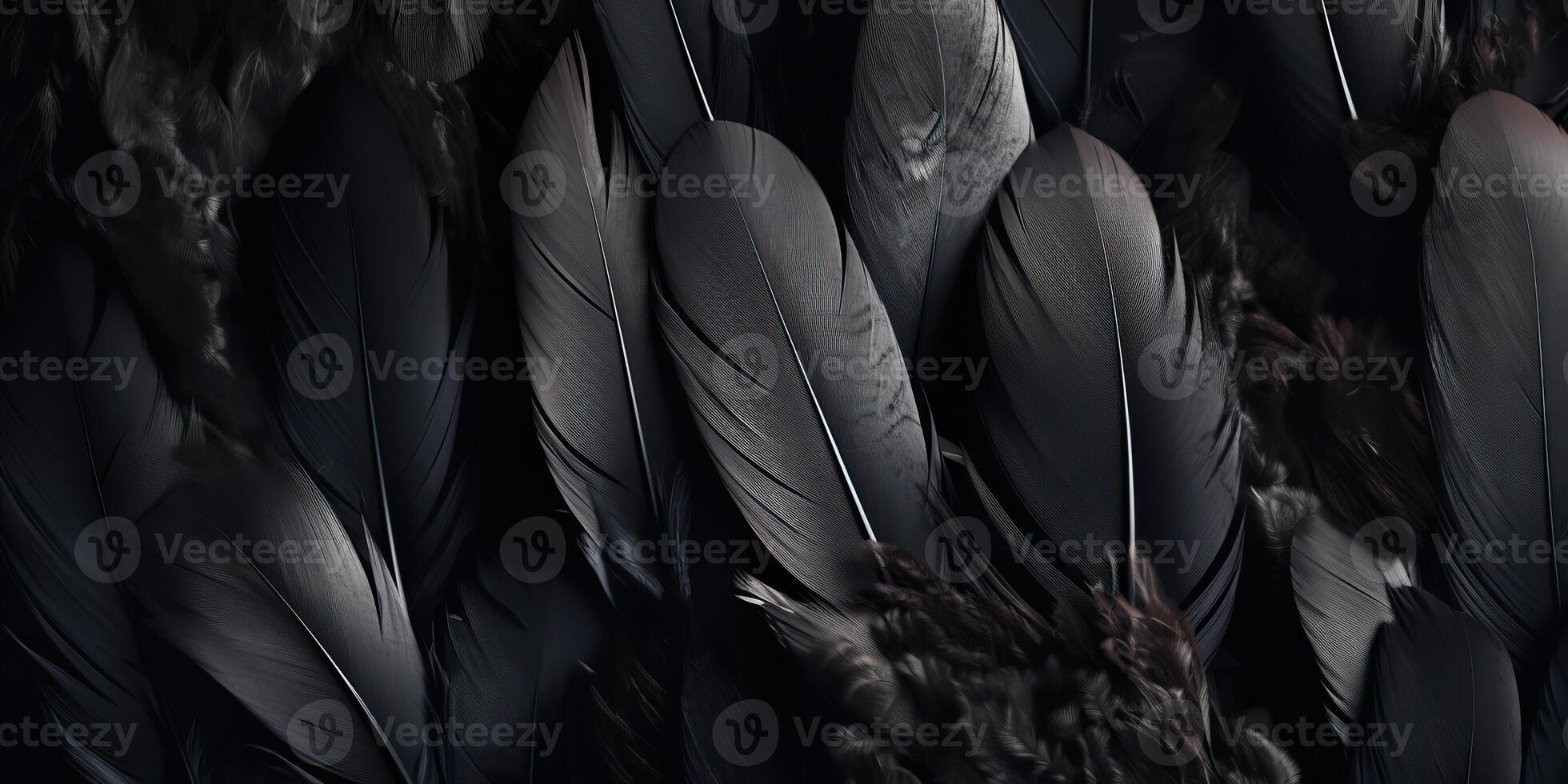 . . Photo realistic black feathers pattern background texture. Ellegant aesthetics luxury vibe. Graphic Art