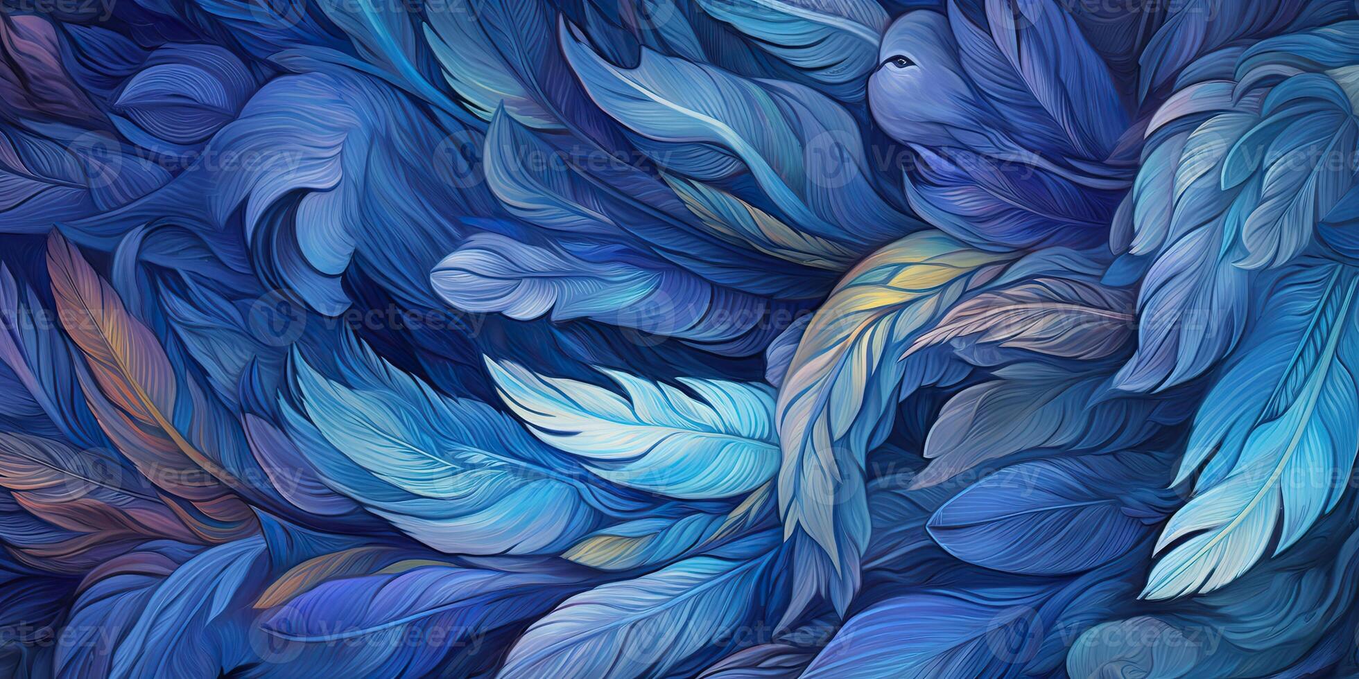 . . Photo realistic illustration of blue soft feathers. Pattern background texture romantic cozy vibe. Graphic Art