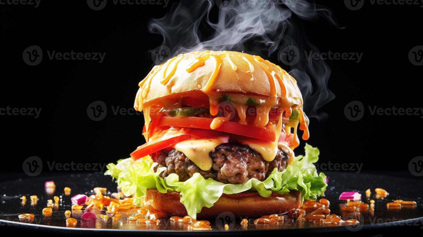 Cheeseburger with cheese, tomato, onion and lettuce on black background. Poster for fast food menu. photo