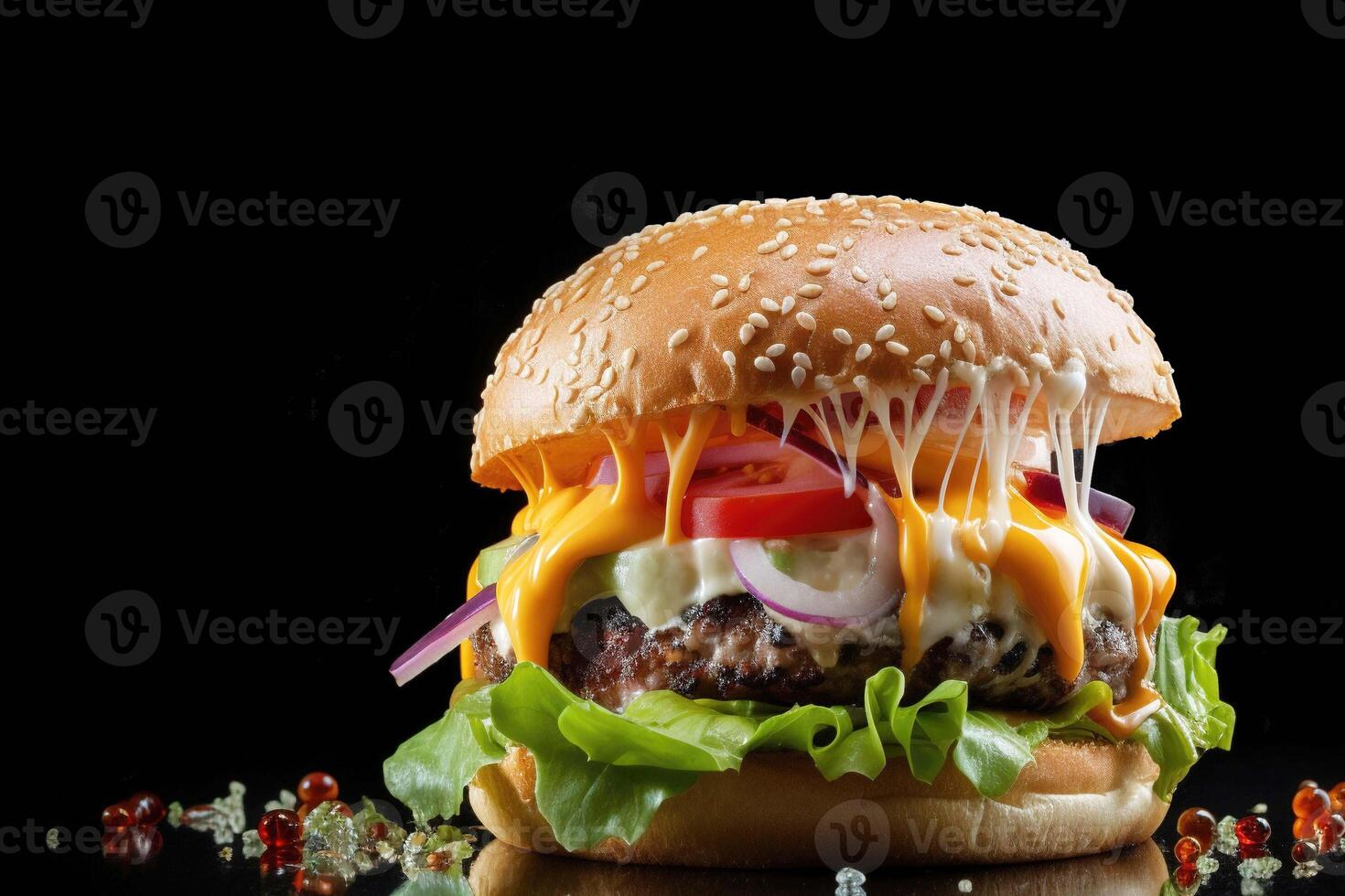 Cheeseburger with cheese, tomato, onion and lettuce on black background. Poster for fast food menu. photo