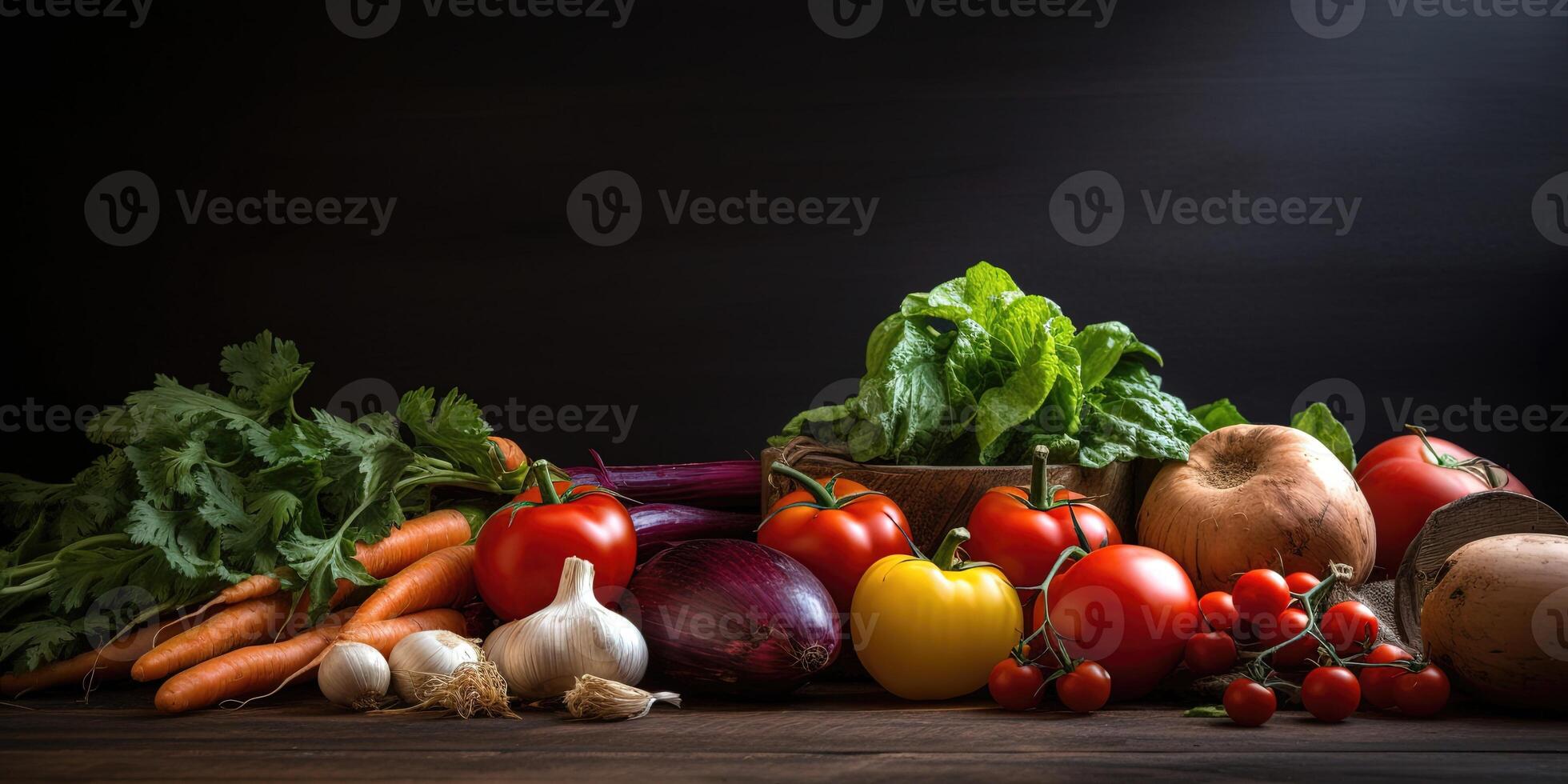 Fresco vegetariano borde. orgánico vegetales en natural negro antecedentes. ideal para sano comida diseños generativo ai foto
