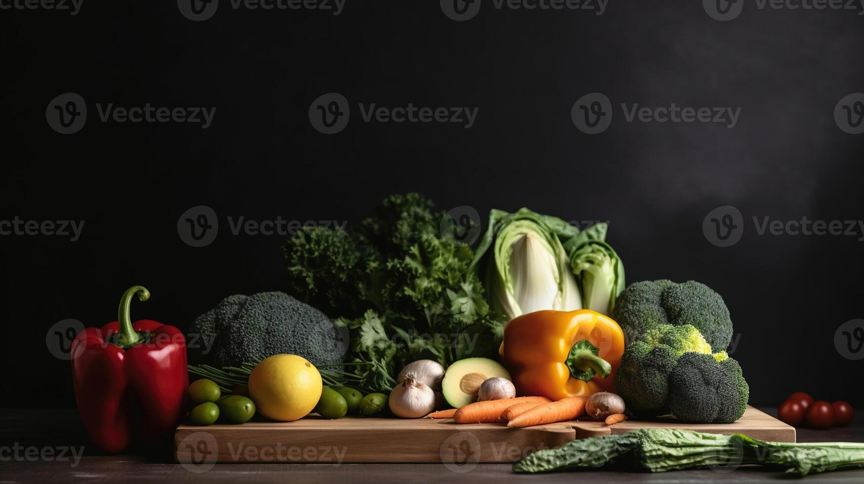 Fresh Veggie Border. Organic vegetables on  natural black background. Ideal for healthy food designs. Generative ai photo