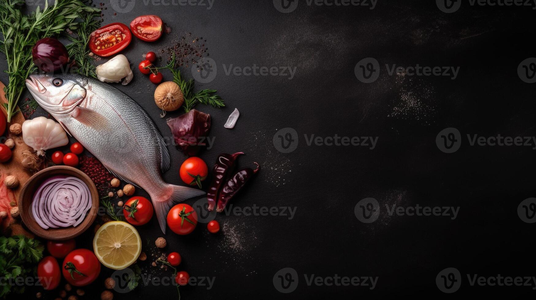 Ocean Bounty on Black Stone. Fresh Seafood with Lemon and Ice. Ideal for Menu or Poster. photo