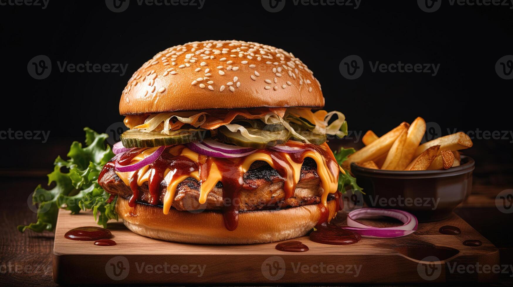 Delicious Burger Delight. Juicy patty, melted cheese, and crisp veggies on a dark backdrop. Perfectly satisfying. photo