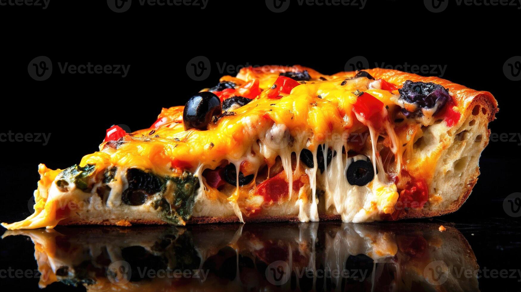 delicioso Pizza rebanada coronado con queso, Olivos, y tomate, presentado en un negro antecedentes. generativo ai foto