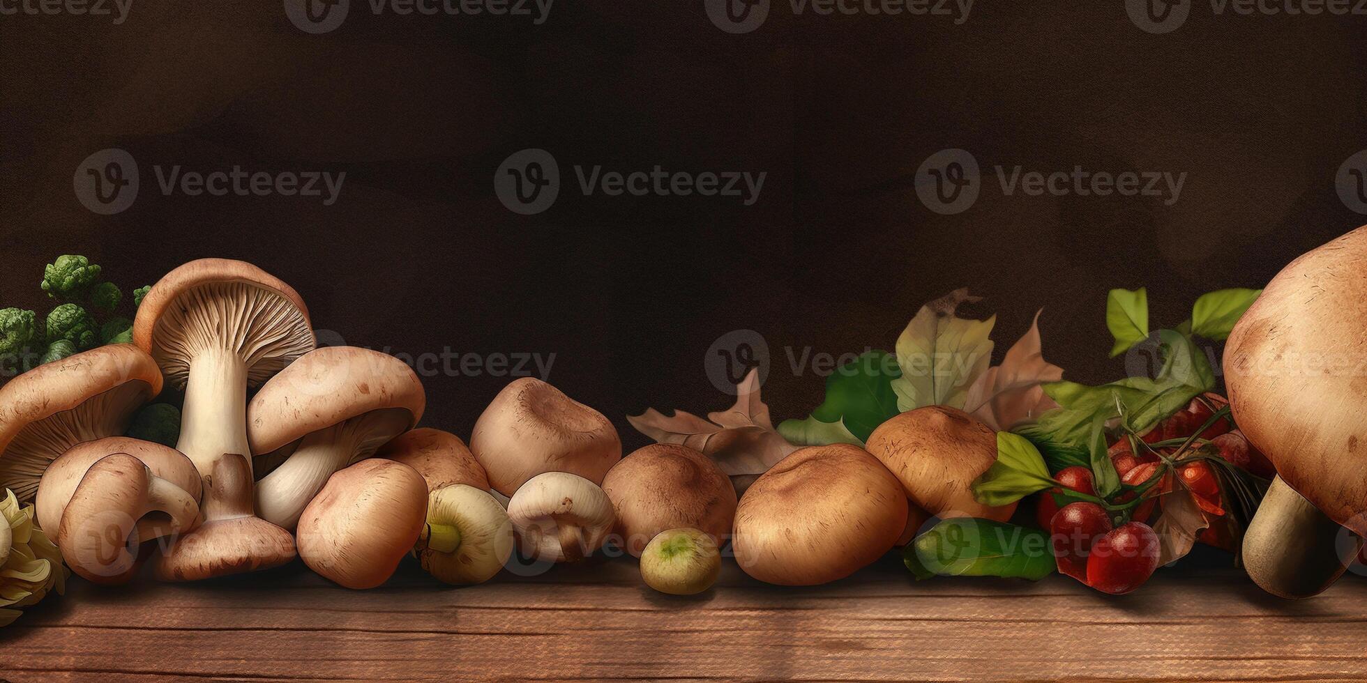 Mushroom Veggie Frame. Fresh organic vegetables and mushrooms on dark background. Perfect for wholesome food themes. photo