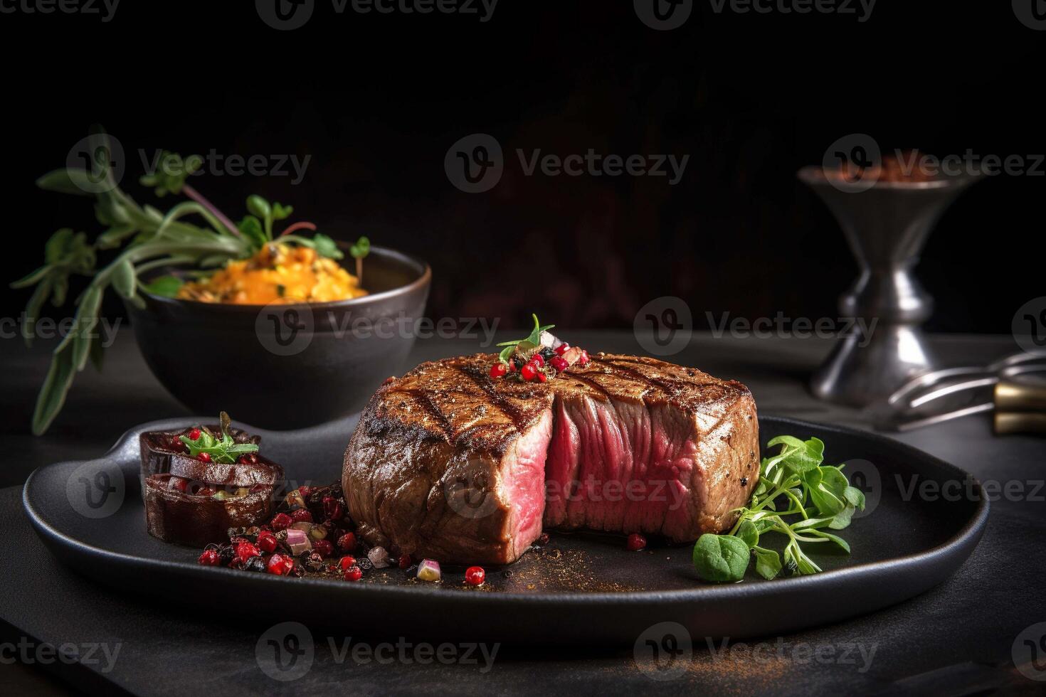 Juicy Beef Rib Eye Steak On Marble Textured Dark Background with Herbs, Spices, and Salt. . photo