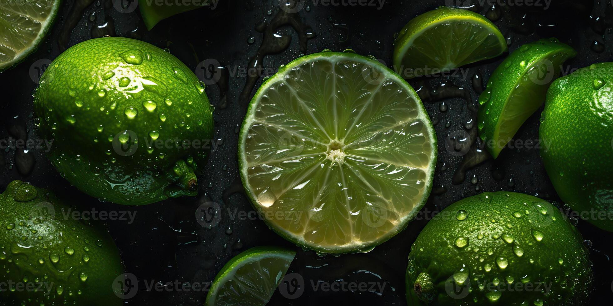 . . Macro shot photography of slices limes green tropical fruits. Graphic Art photo
