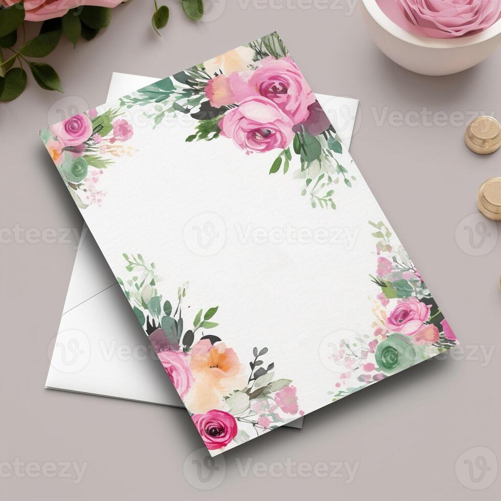 , decorated invitation with colorful flowers for a birthday. photo