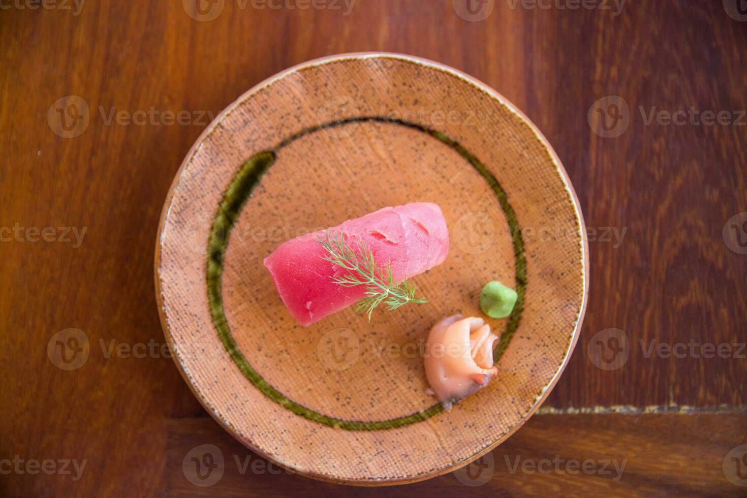 Fresh tuna sushi with ginger and wasabi photo