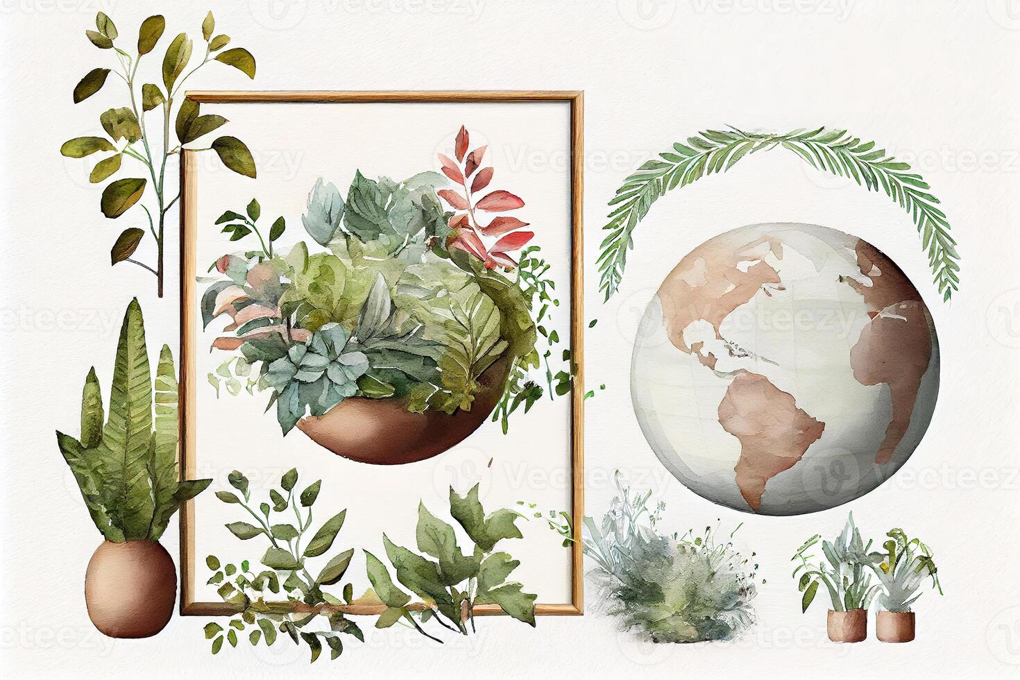 Flat lay plants and world globe frame. photo