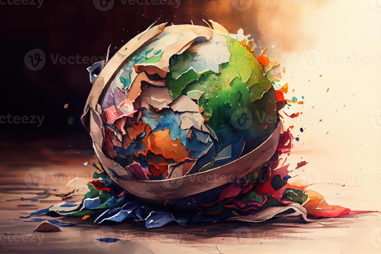 Globe surrounded by garbage on wooden surface. photo