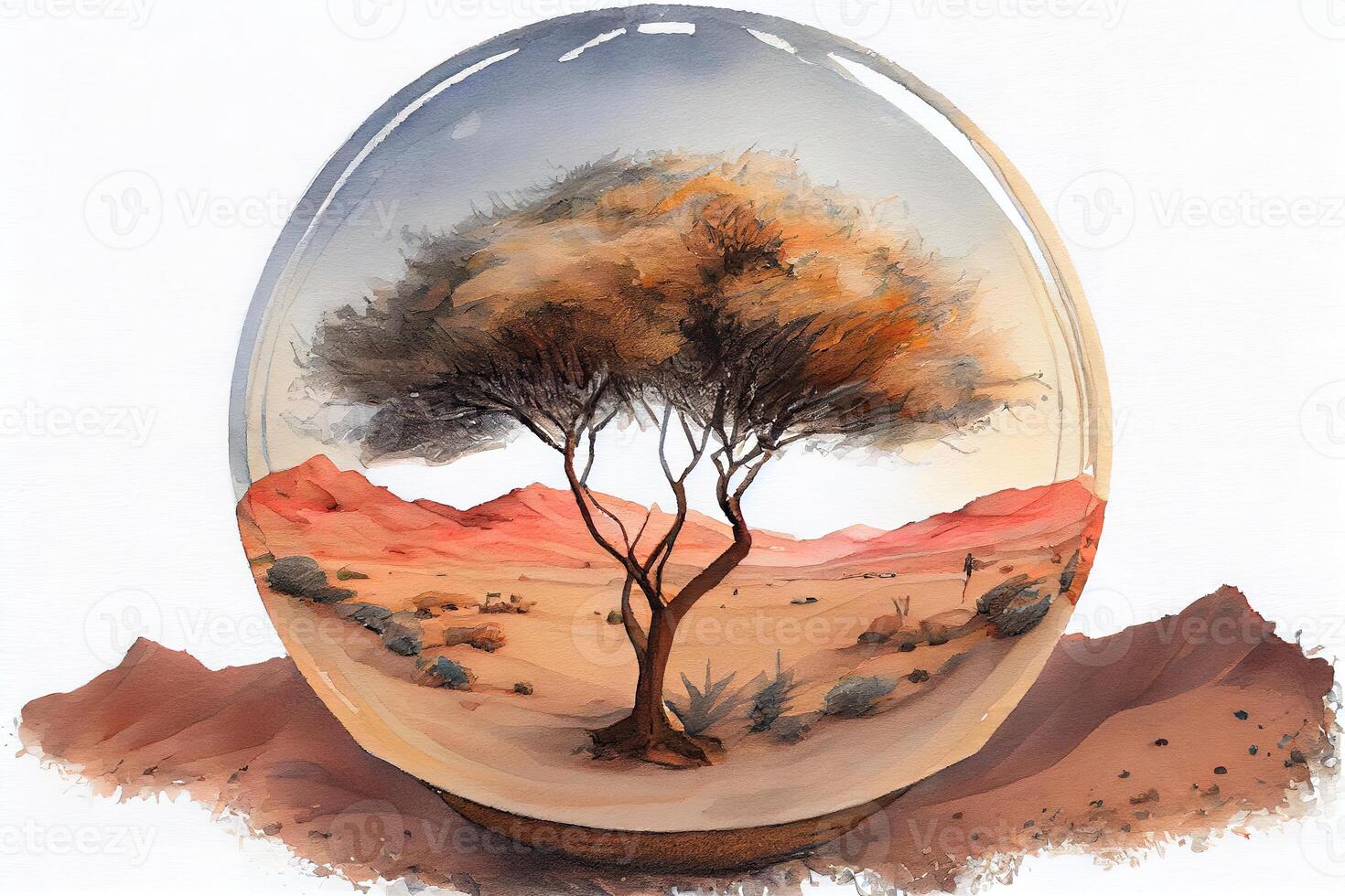 a grassy globe with trees over a barren landscape. photo