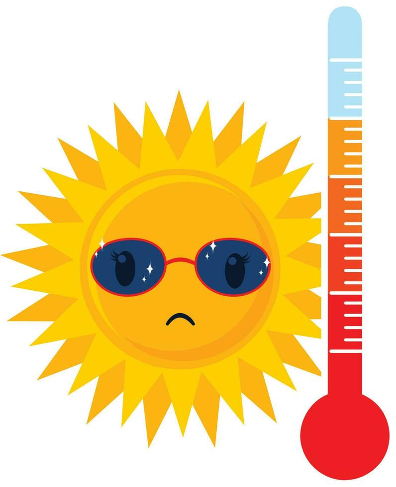 Cute cartoon sun with thermometer. Vector illustration on white background.