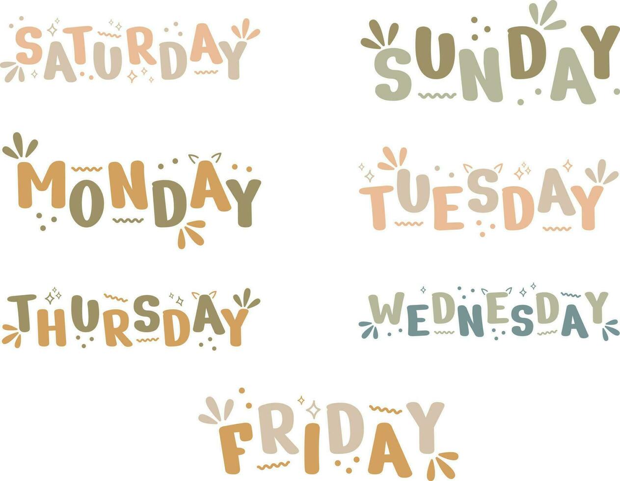 Weekdays letter doodle  hand drawn lettering. Vector illustration.