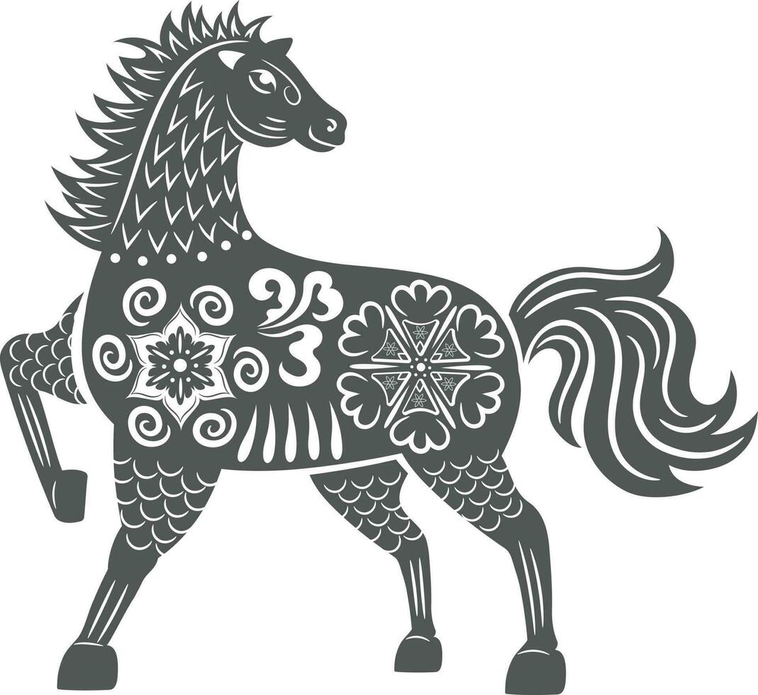 Horse with ornaments. Black and white vector illustration.