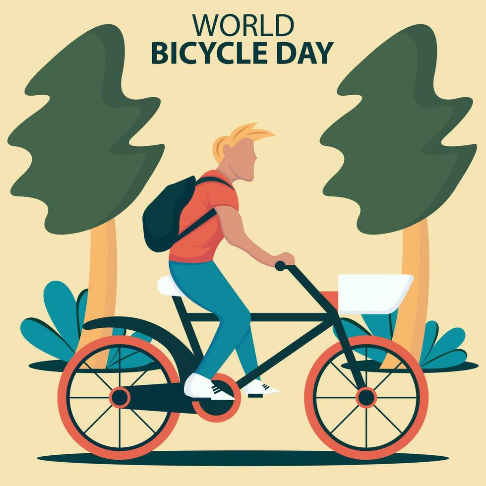 illustration vector graphic of a backpacking man rides a bicycle in a park, perfect for international day, world bicycle day, celebrate, greeting card, etc.