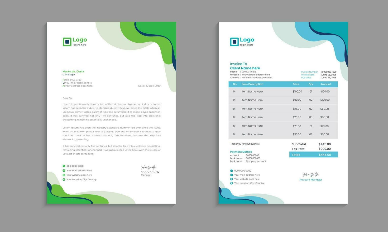 Creative modern letterhead and invoice template design with color and concept variation bundle vector