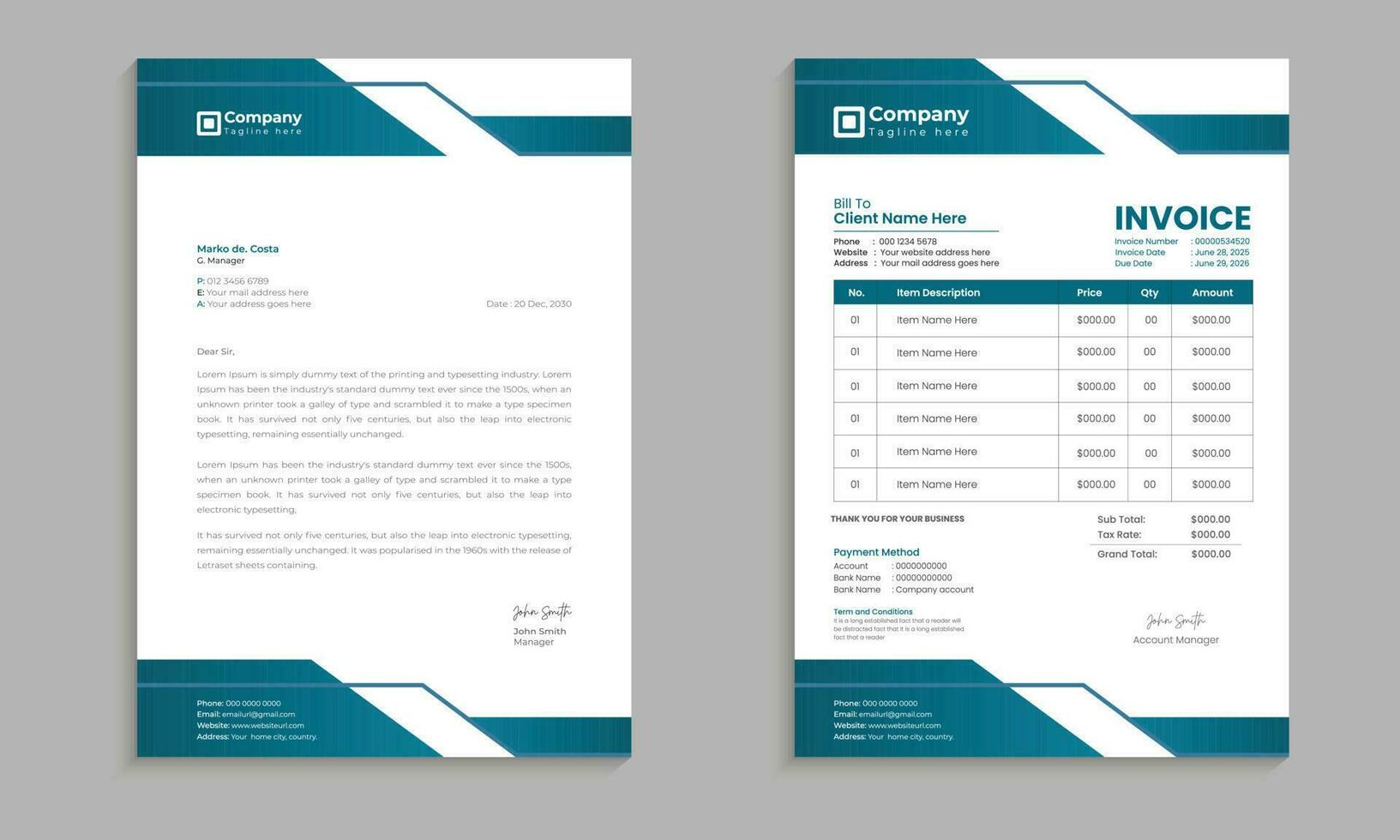 Professional corporate business letterhead and invoice template with color, concept variation bundle vector