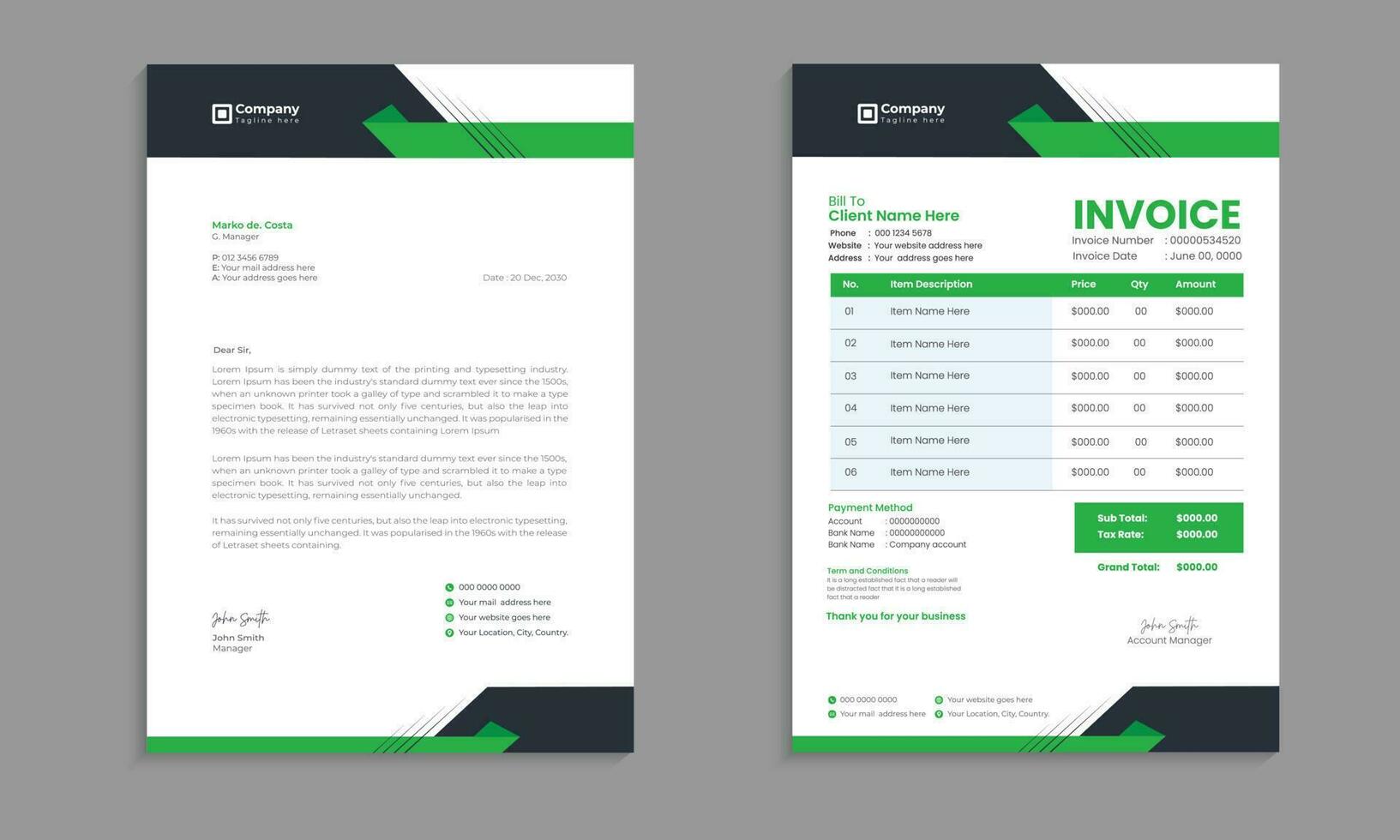 Corporate and flat business invoice design with a bundle of 2 variations and professional letterhead vector