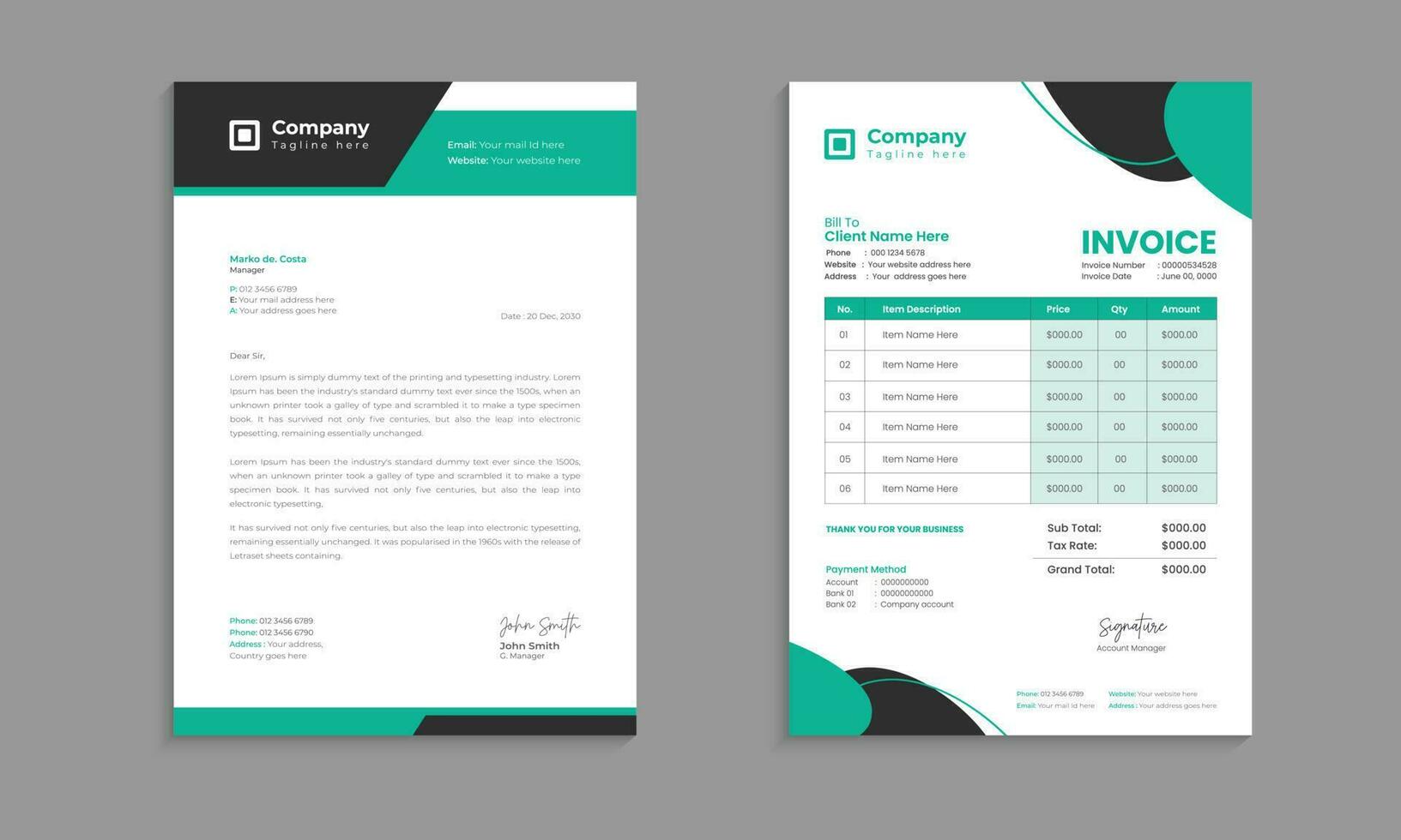Professional corporate business letterhead and invoice template with color, concept variation bundle vector