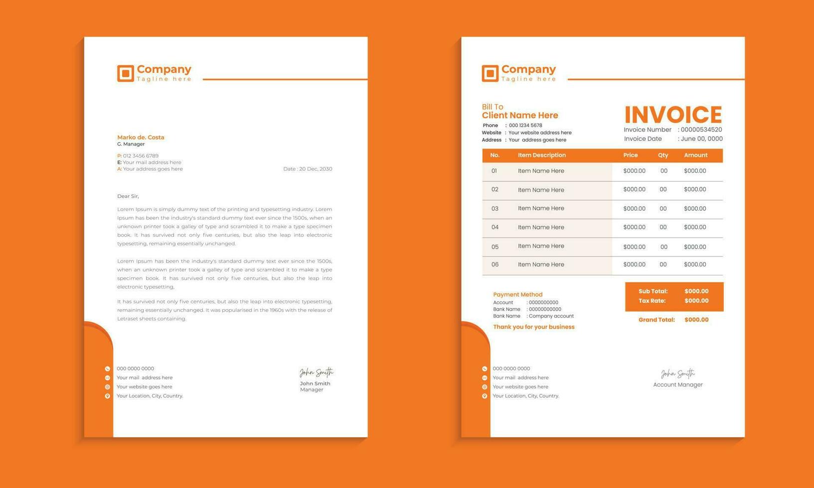 Professional corporate business letterhead and invoice template with color, concept variation bundle vector