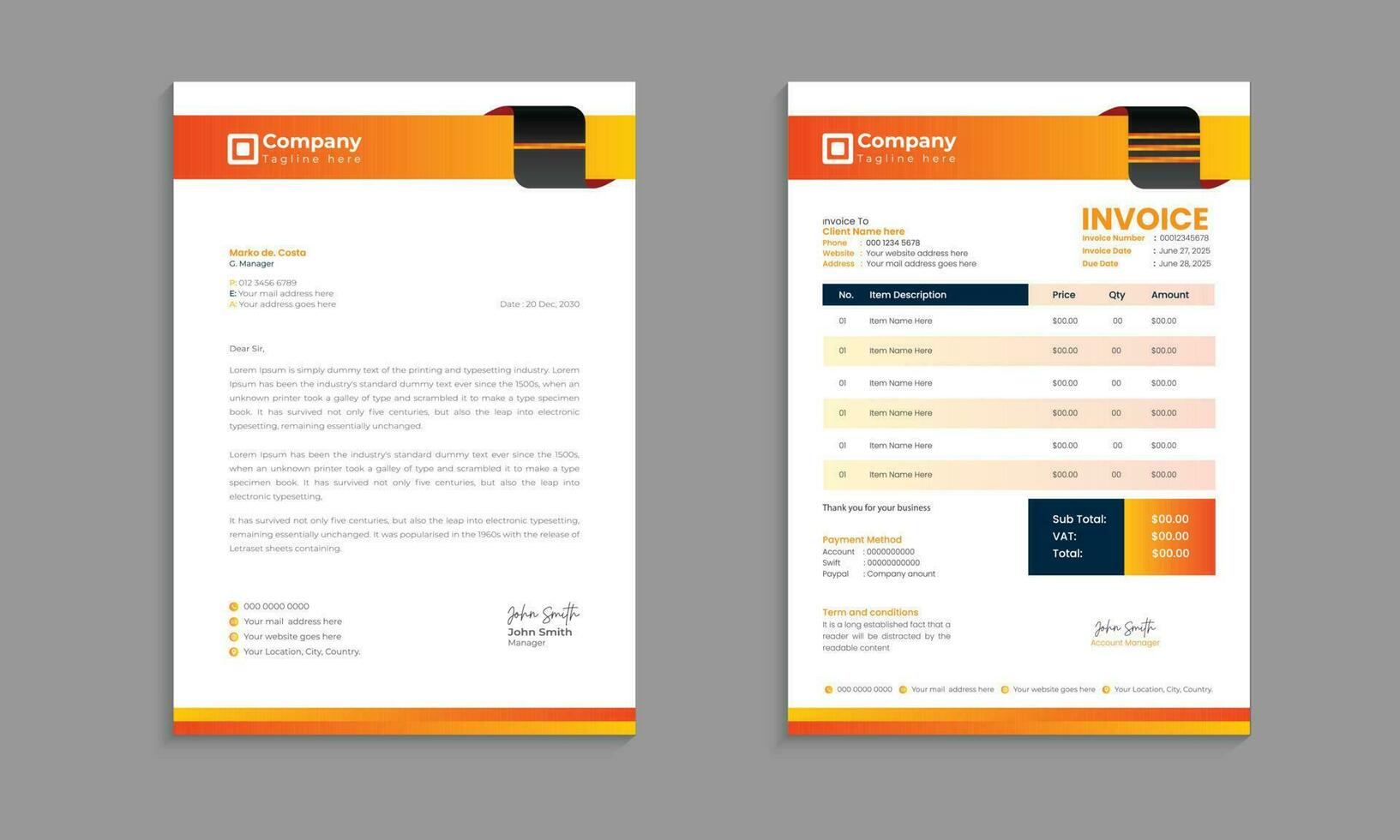 Creative modern letterhead and invoice template design with color and concept variation bundle vector