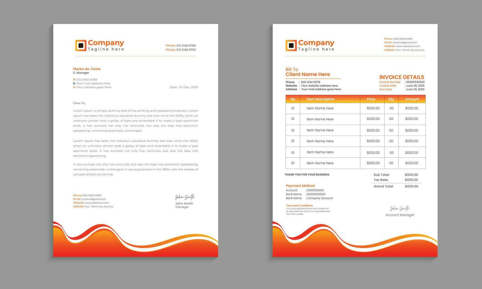 Professional corporate business letterhead and invoice template with color, concept variation bundle vector