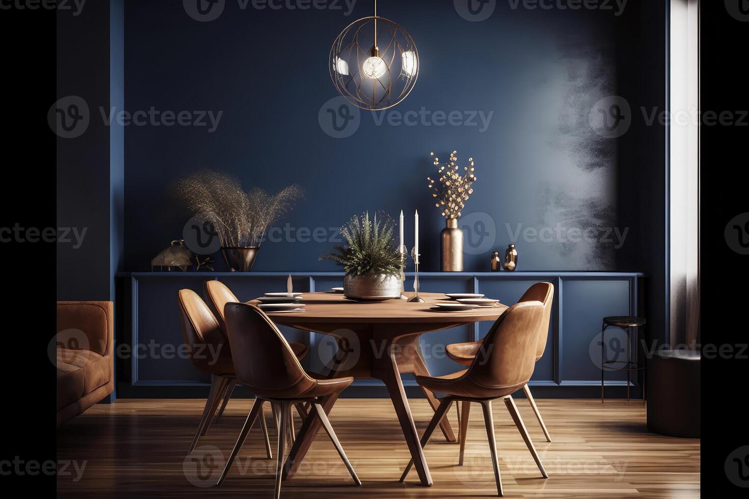 Home master, modern dark blue dining room interior with brown leather chairs, wooden table and decor . photo