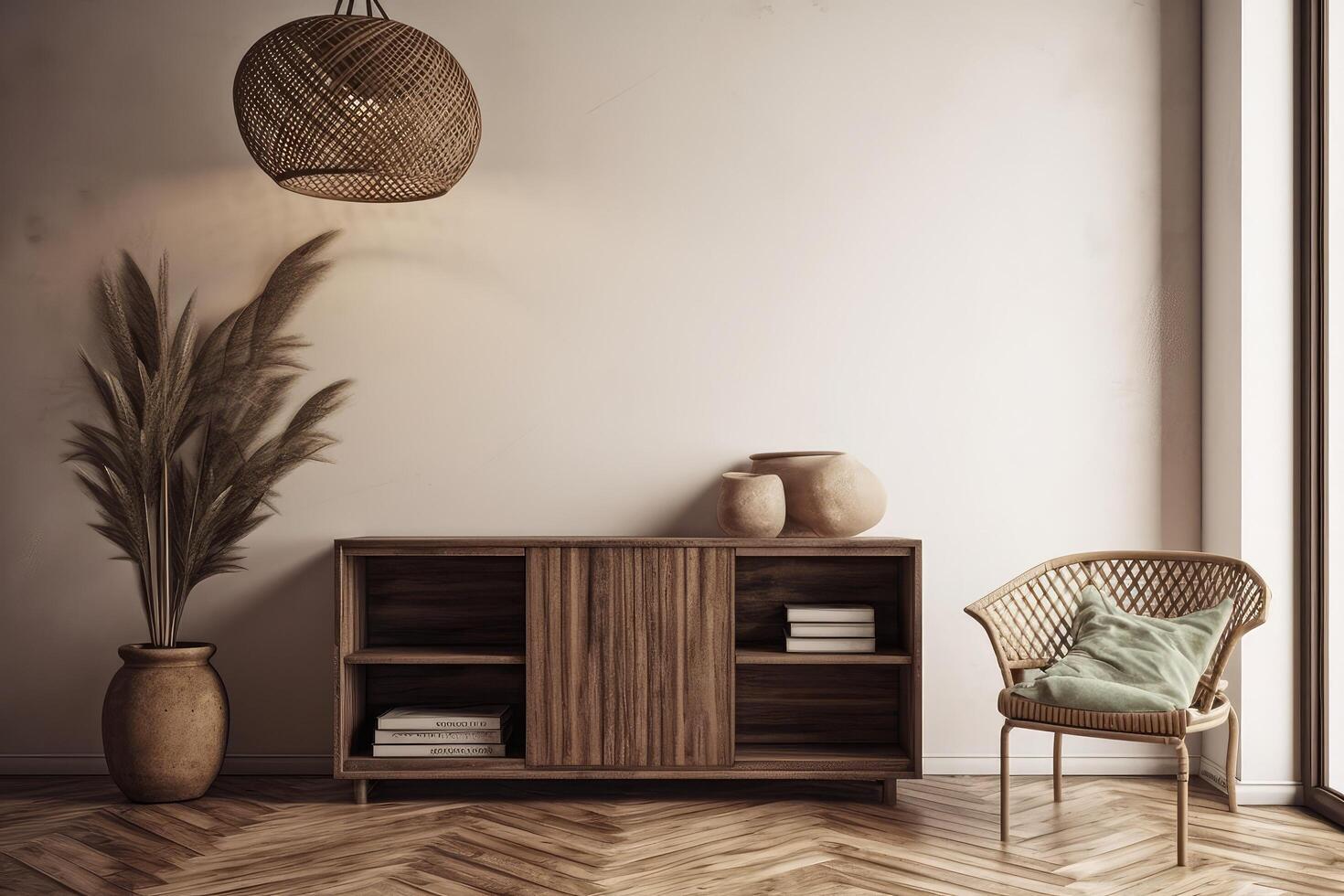 blanco pared Bosquejo en interior antecedentes con rústico decoración . ai generado foto