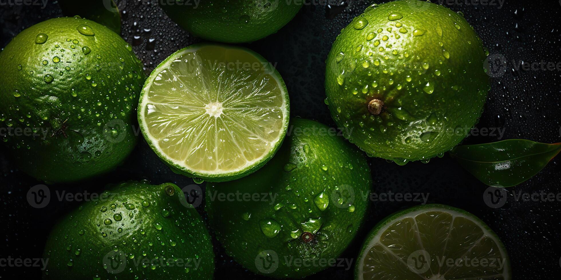 . . Macro shot photography of slices limes green tropical fruits. Graphic Art photo