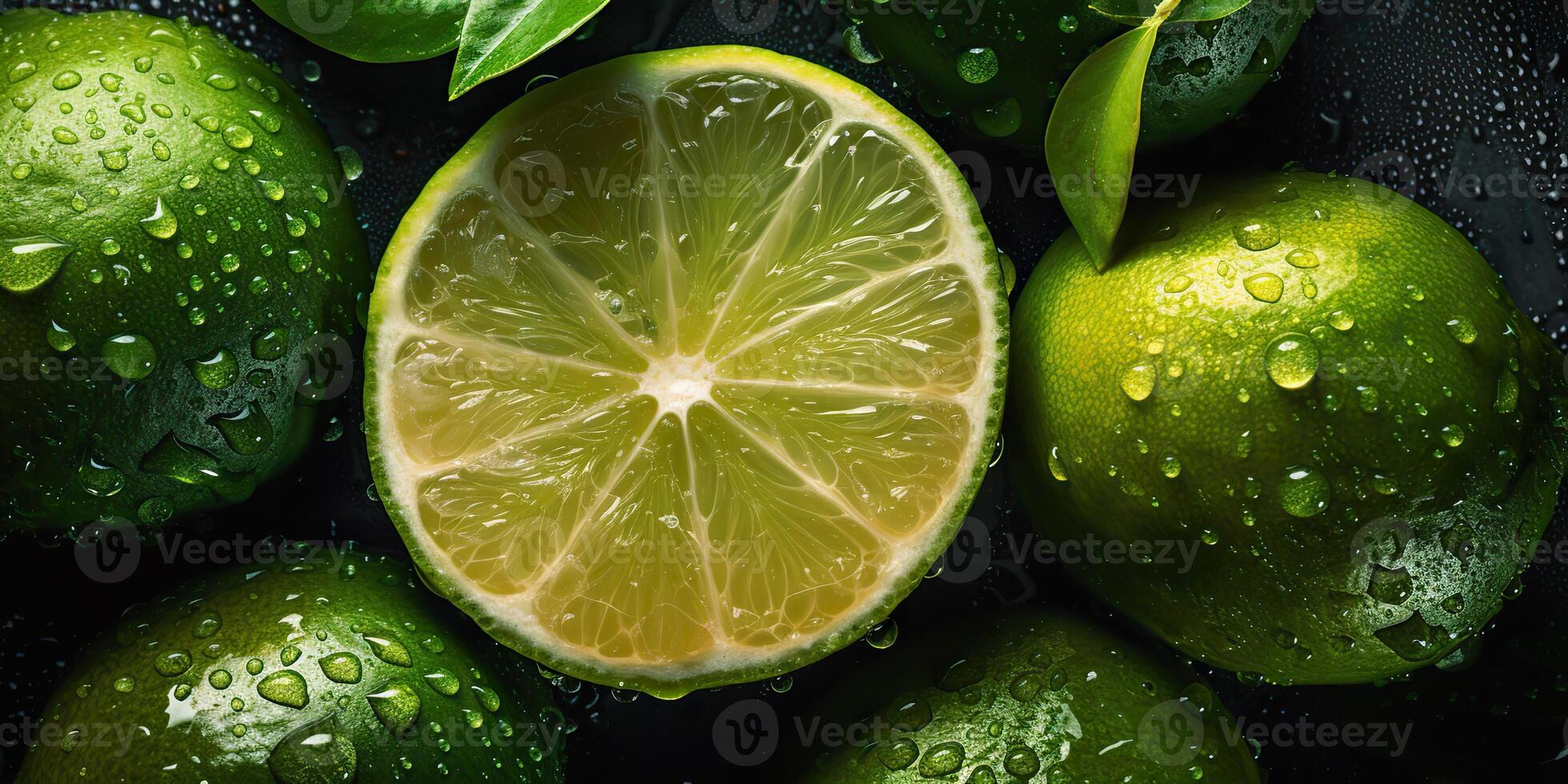 . . Macro shot photography of slices limes green tropical fruits. Graphic Art photo