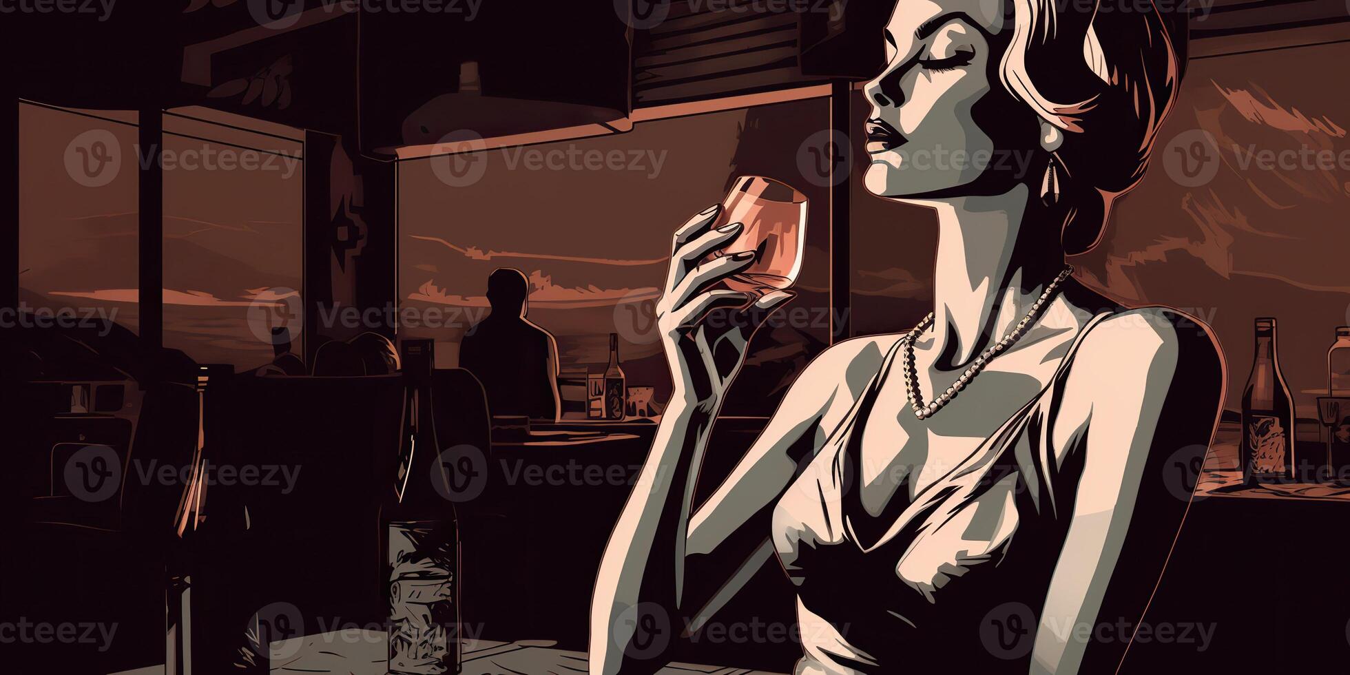 . . Retro vintage pretty woman with red wine glass at night party pub. Romantic noir film vibe. Graphic Art Illustration. photo