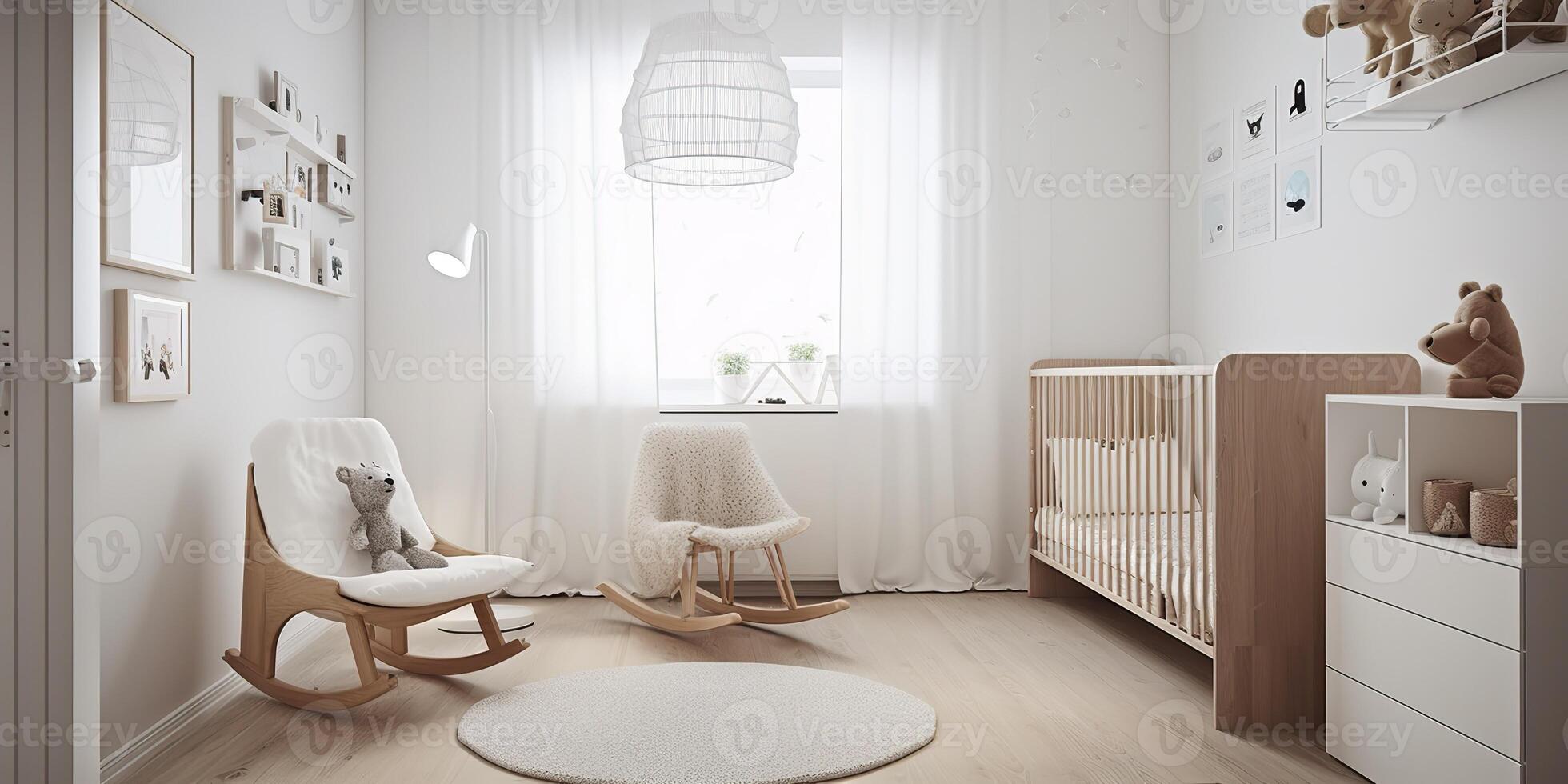 . . Photorealistic nursery room in cozy warm family scandinavian style. House appartment lifestyle love big family kids vibe. Graphic Art photo