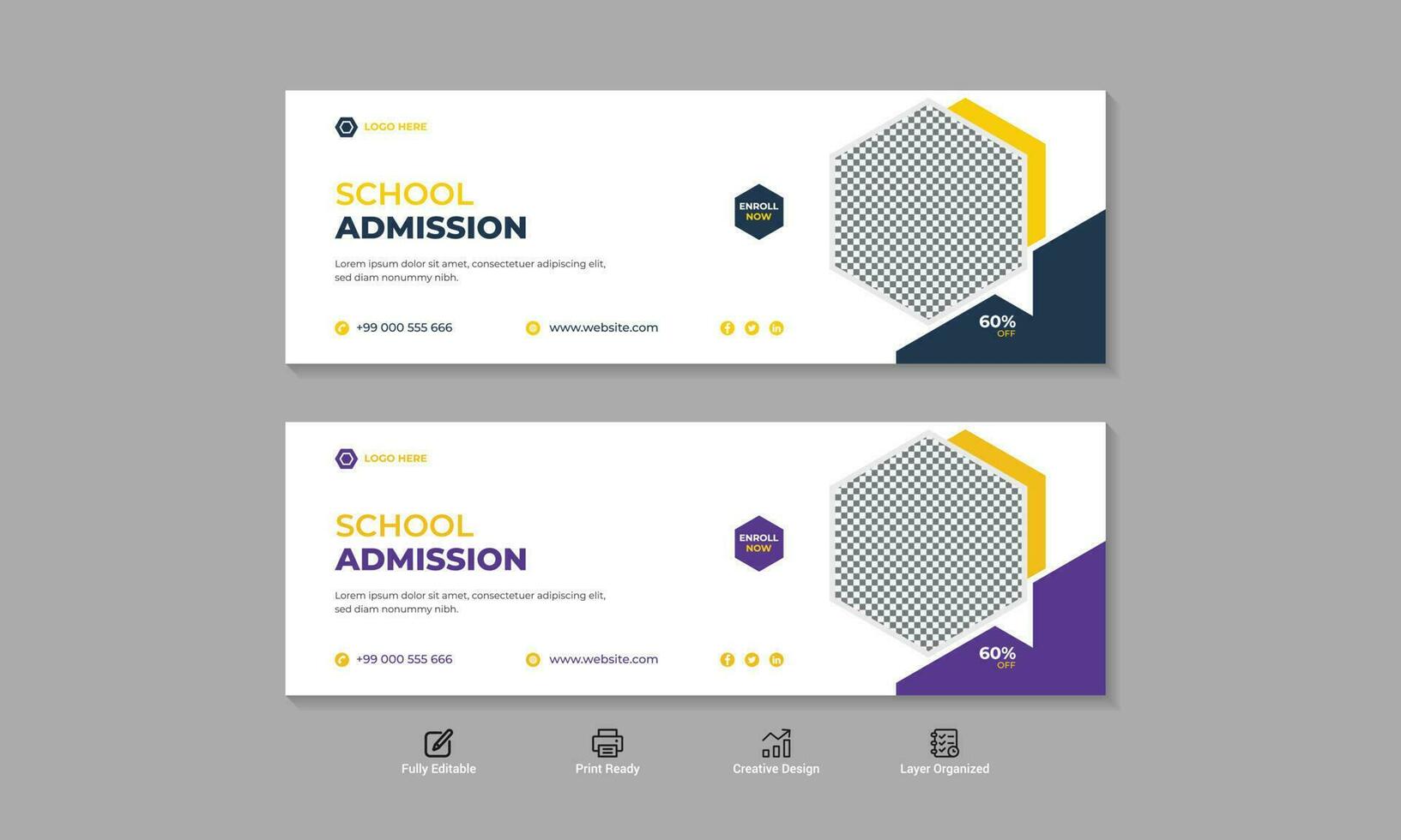 School Admission Social Media Cover and Web Banner Template Design. vector