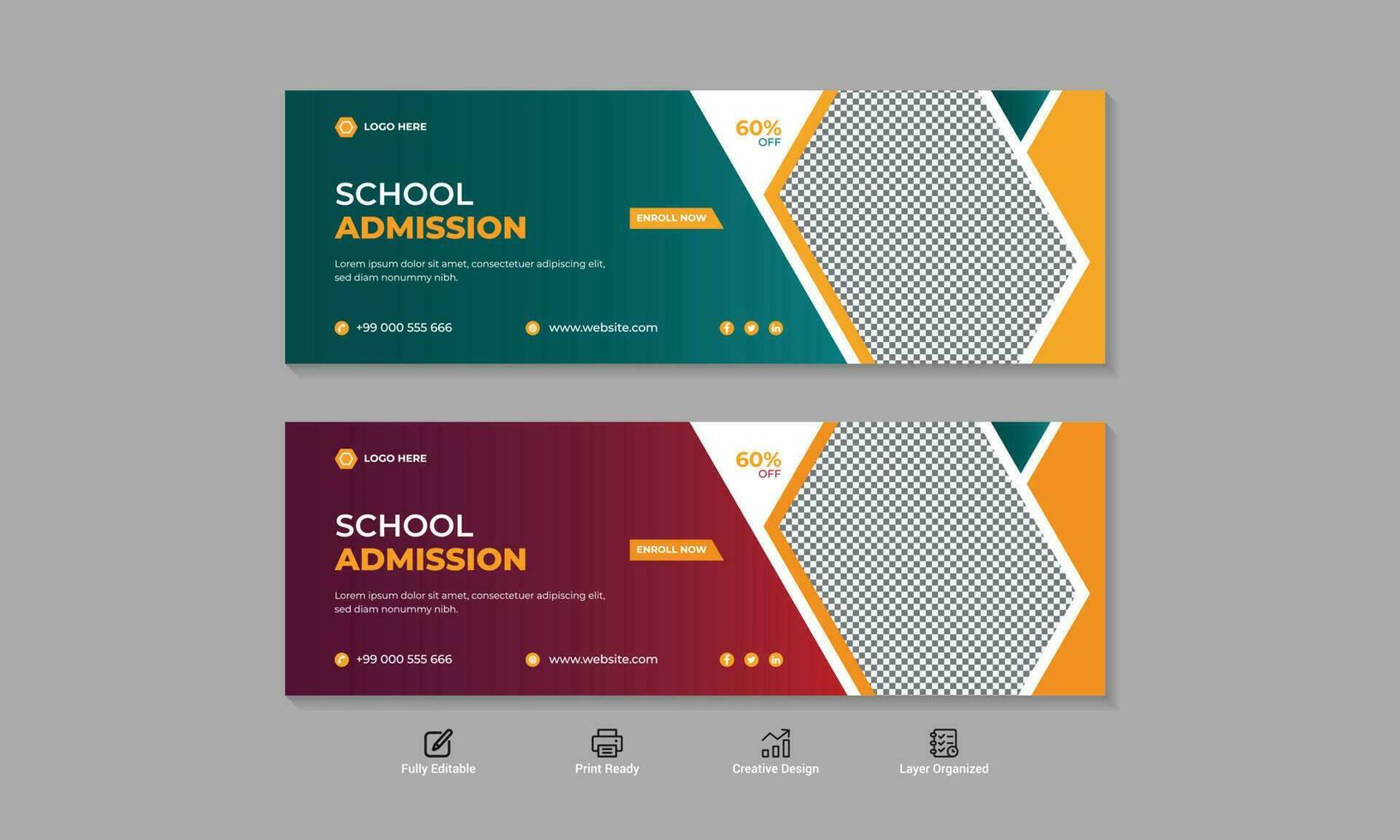 School Admission Social Media Cover and Web Banner Template Design. vector