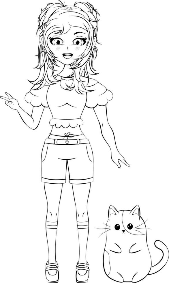 Coloring page. Cute anime girl with funny kitten vector