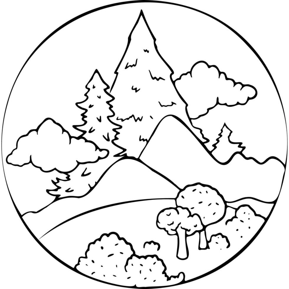 Landscape with tall trees among hills and clouds inside the circle vector illustration