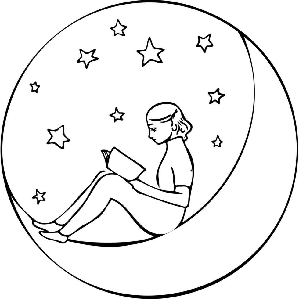 paisaje con niña leyendo un libro sentado en un creciente Luna dentro el circulo vector ilustración