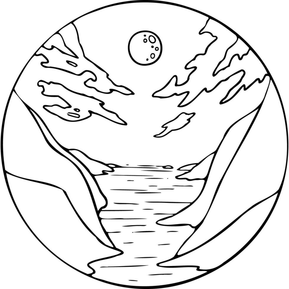 Landscape with water in the middle of the mountains under the sun and clouds inside the circle vector illustration