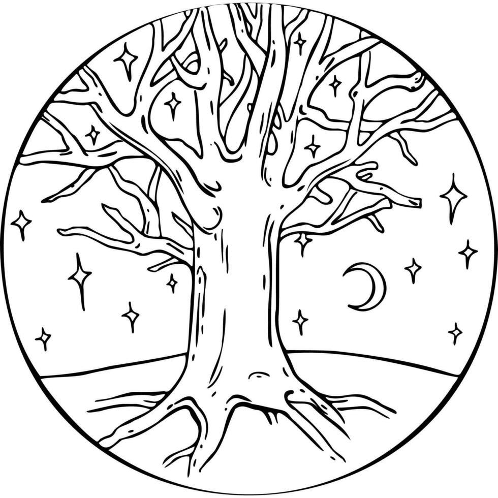Landscape with tree at night in the light of the moon and stars inside the circle vector illustration