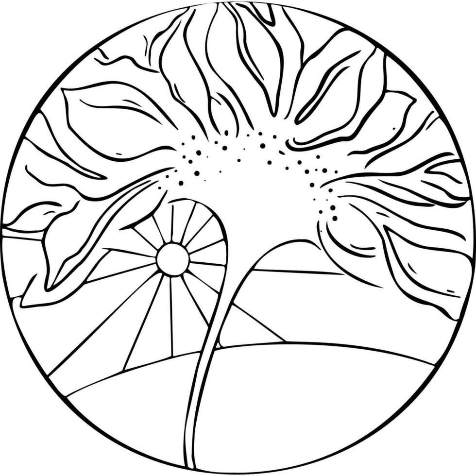 Landscape with flower at sunrise inside the circle vector illustration