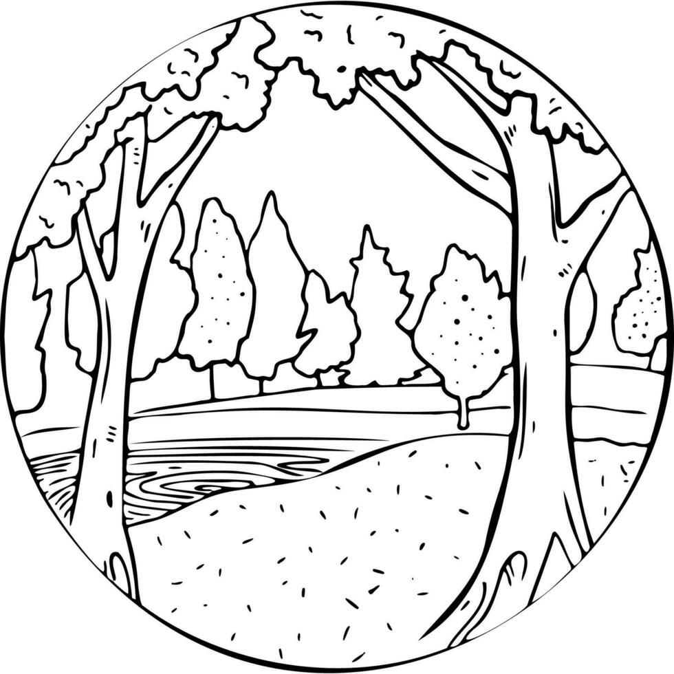 paisaje con estanque entre el arboles en el bosque dentro el circulo vector ilustración