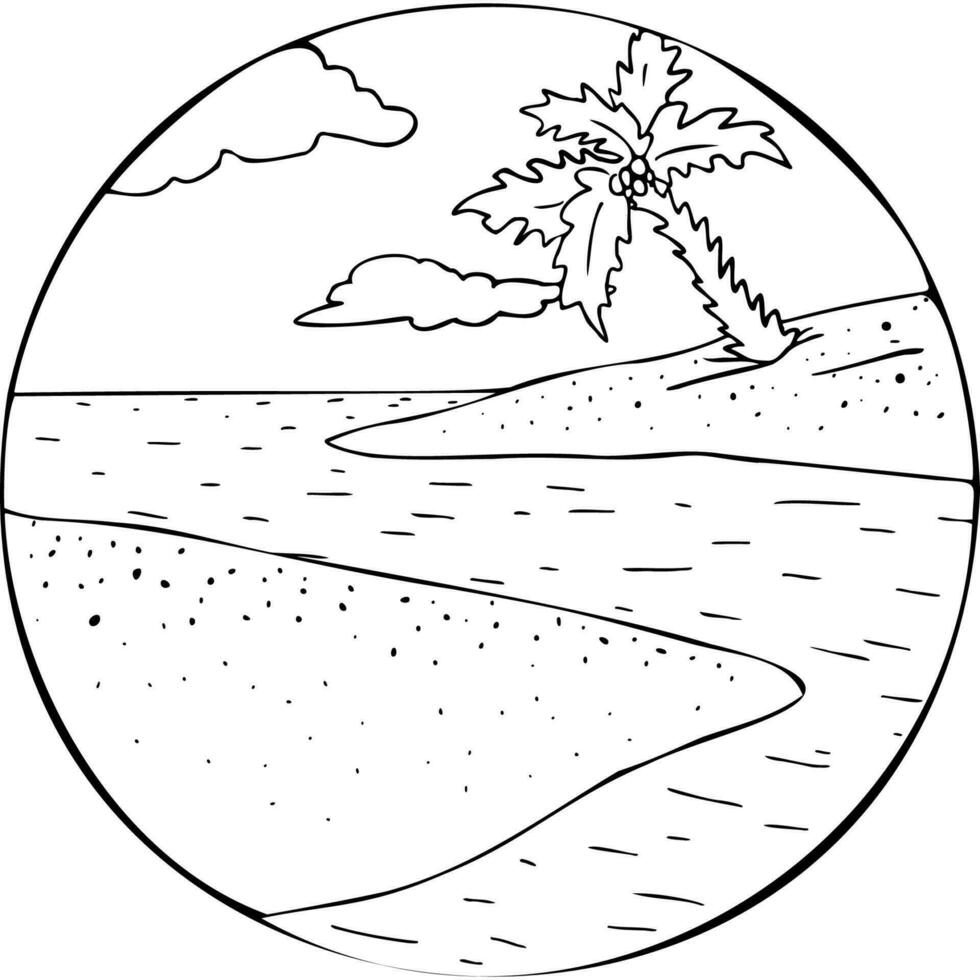 Landscape with beach with palm trees under the clouds inside the circle vector illustration