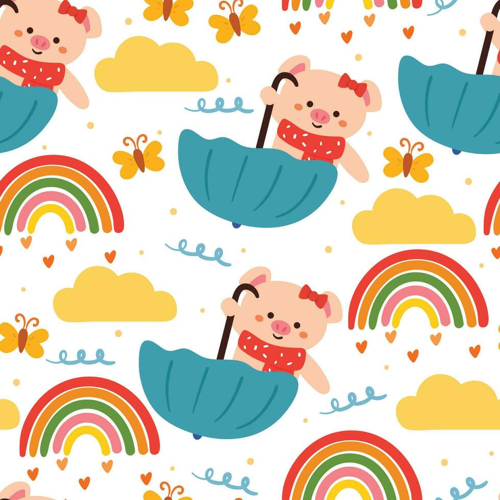 seamless pattern cartoon pig and sky element. cute animal wallpaper for textile, gift wrap paper vector