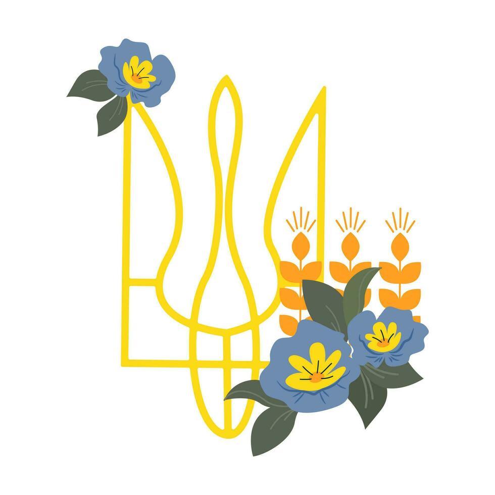 Emblem of Ukraine on the background  decorated with flowers on white background, Vector illustration