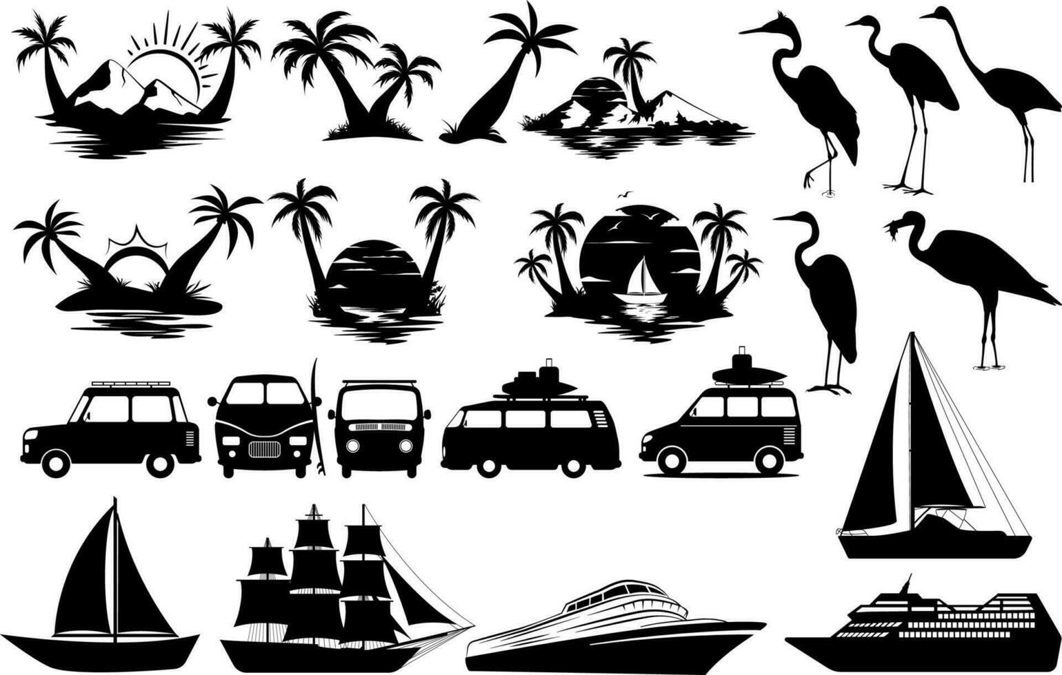 summer beach tropical collection tropical birds, summer vehicle, ship vector