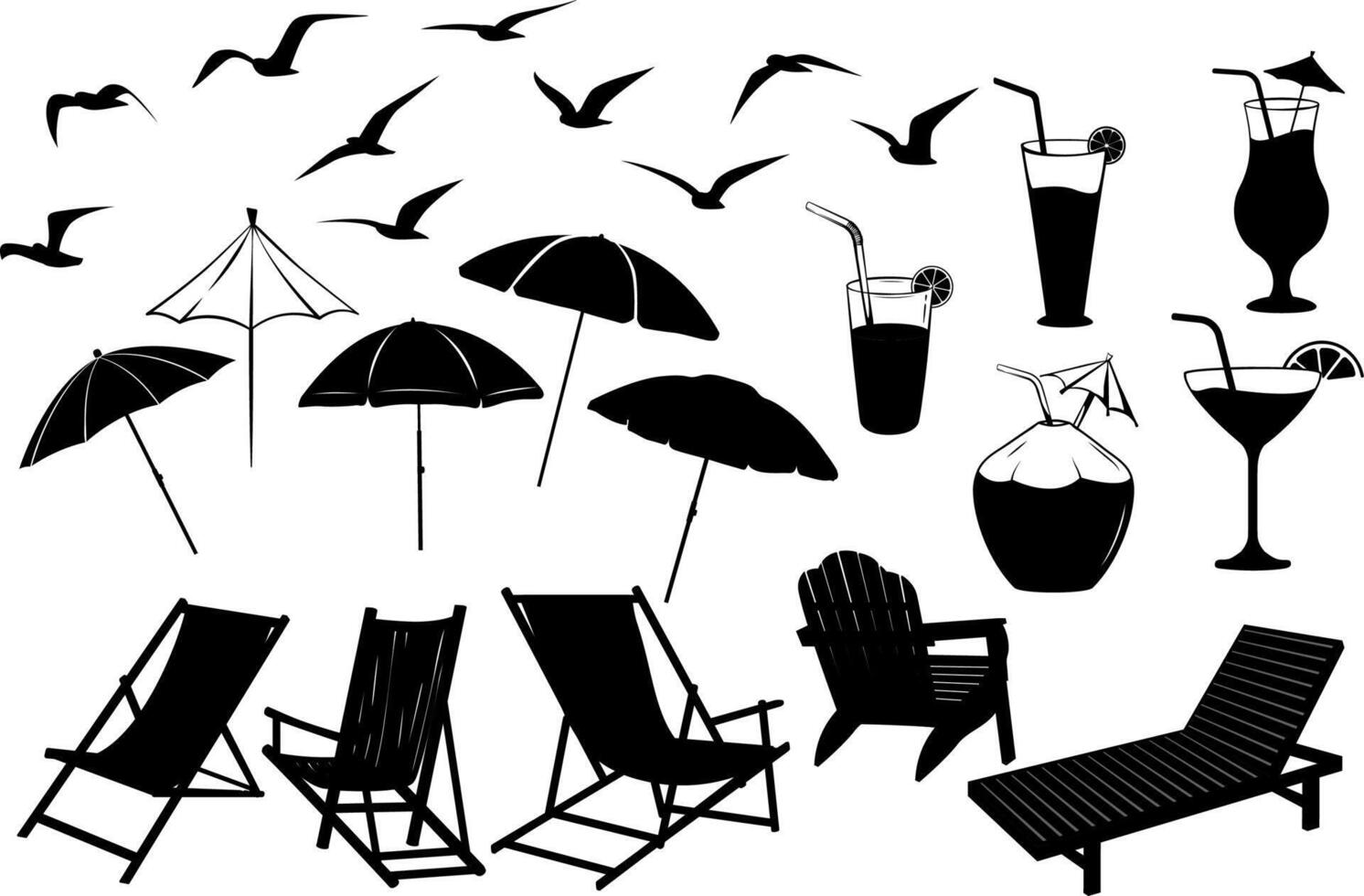 summer time beach elements flying bids, beach chair, umbrella, drink vector
