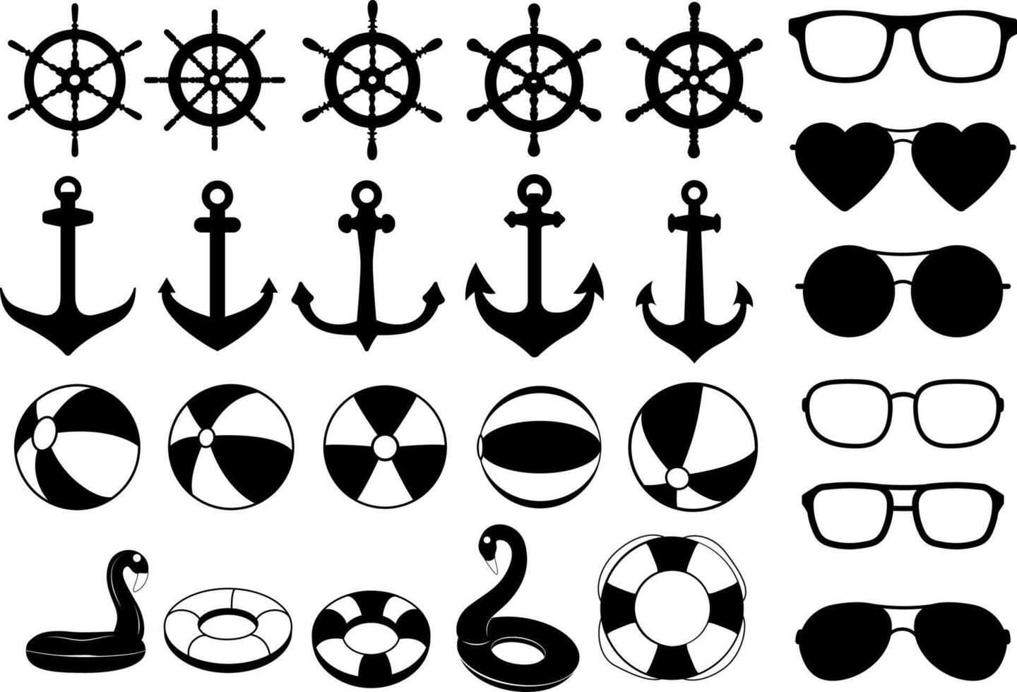 summer beach collection sunglasses, ship handle, anchor, summer balls, swimming tyres vector